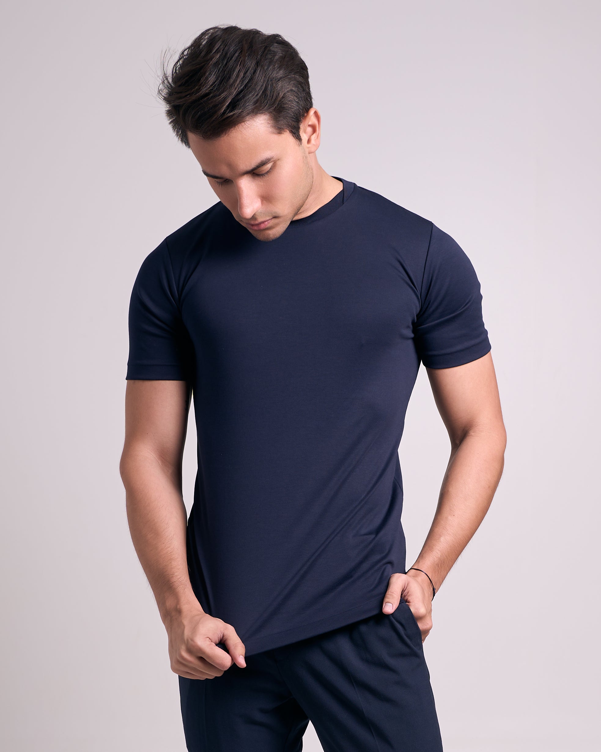 Camiseta Pima - Gola Cruzada Dupla - Marinho